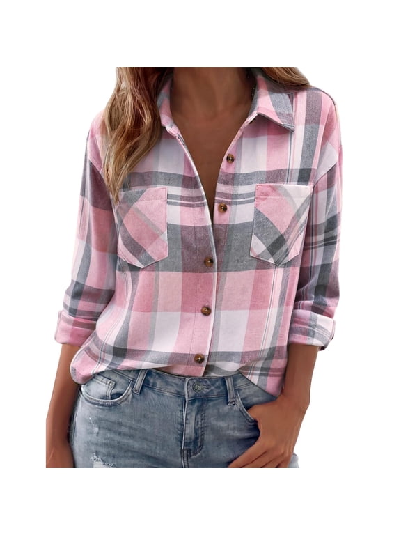 Plaid Shirts for Women Autumn Clothes for Women Winter Clothing for Women Fall Outfits for Women Boho Tops for Women Womens Fall Fashion 2026 Thanksgiving Shirts for Women Pink S