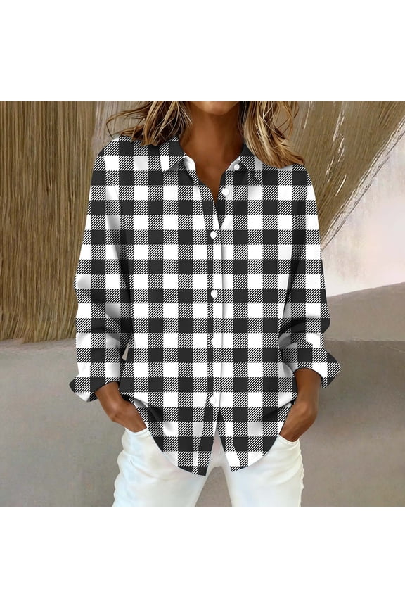Plaid Shirts for Women Button Down Collared Casual Tops Rolled Up Boyfriend Top Business Dressy Top Cute Soft Plaid Blouse Work Tops Street Office Daily Outfit Plaid Tops for Women Black S-2XL
