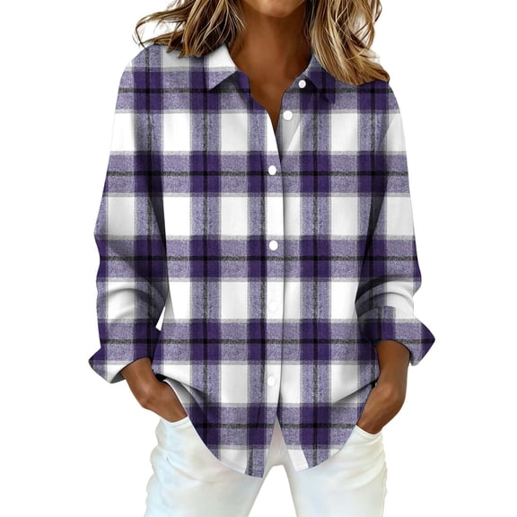 Plaid Shirts for Women Cute Soft Plaid Blouse Plaid Tops for Women Oversized Women Fall Clothes V Neck Womens Jacket Basic Shirt Collar Regular Top Dress Shirt Rolled Up Boyfriend Top Purple S-2XL