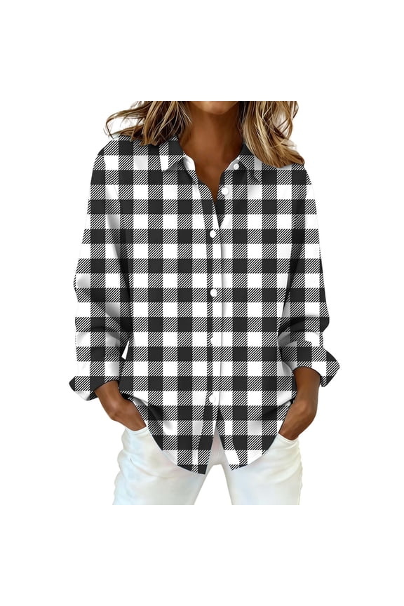 Plaid Shirts for Women V Neck Button Down Collared Casual Tops Womens Jacket Dress Shirt Long Sleeve Shirts for Women Rolled Up Boyfriend Top Lightweight Spring Blouses Spring Clothes Black S-2XL