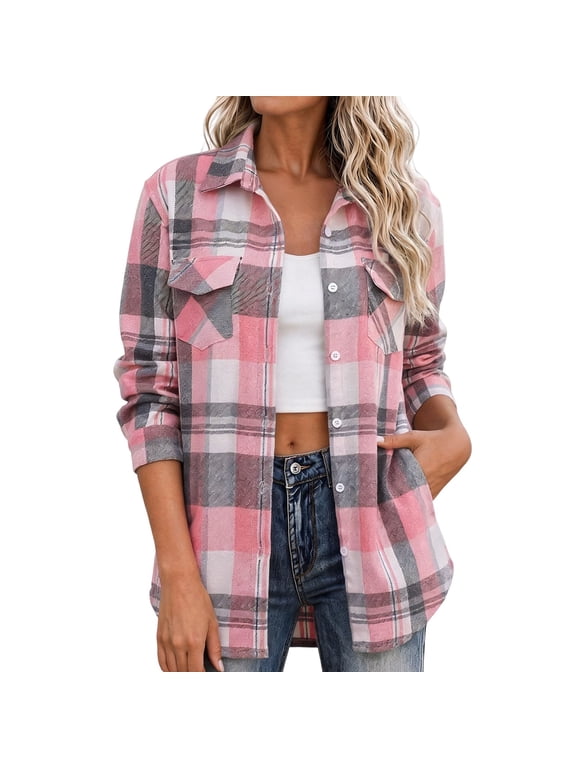 Plaid Shirts for Women Work Shirts for Women Long Sleeve Shirts for Women Fall Fashion Must Haves Fall Shirts for Women Early Fall Fashion Shackets for Women 2026 Cute Tops for Women Pink M
