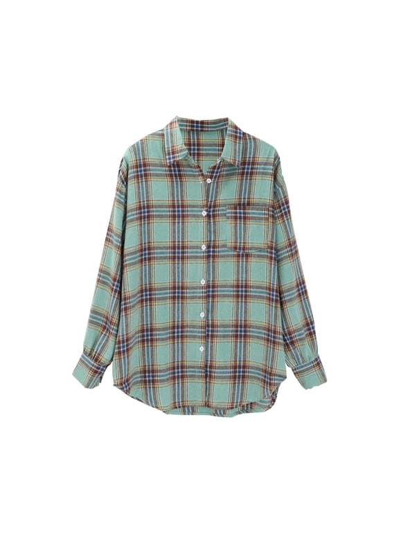 Plaid Shirts for Women, Yigetop Spring and Autumn Women's Checkered Shirt New Retro Style Loose Long Sleeved Shirt Coat Womens Plaid Shirts Mint Green L