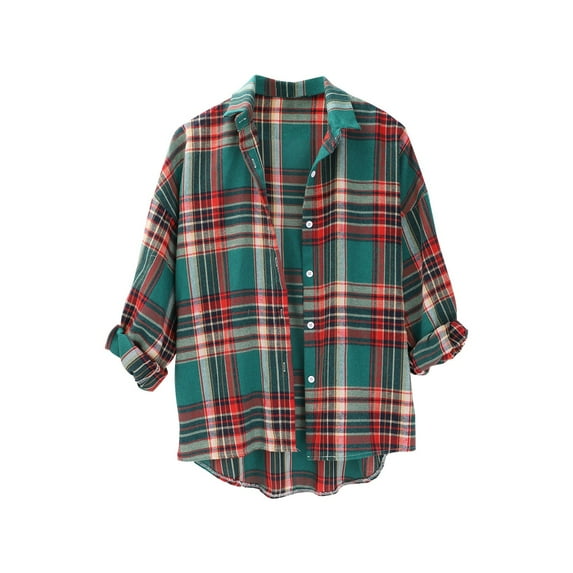 Plaid Shirts for Women, Yigetop Spring and Autumn Women's Checkered Shirt New Retro Style Loose Long Sleeved Shirt Coat Womens Work Tops Blackish Green L