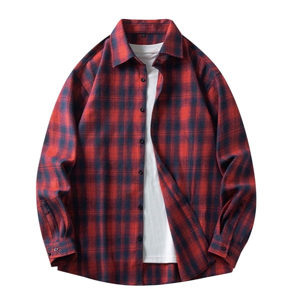 Plaid Shirts for Men Big and Tall Long Sleeve Shirt Button Loose Fit Casual Lightweight Flannel Shirt Spring Fall Red M