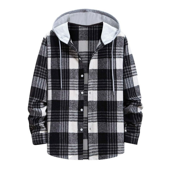 Plaid Shirts for Men Brushed Hooded Shirt Long Sleeve Button Turn Down Collar Casual Fall Layering Dark Gray M