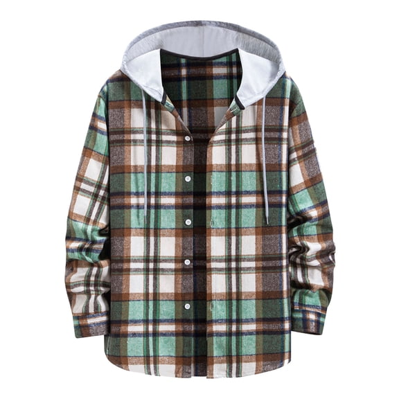 Plaid Shirts for Men Brushed Hooded Shirt Long Sleeve Button Turn Down Collar Casual Fall Layering Mint Green L