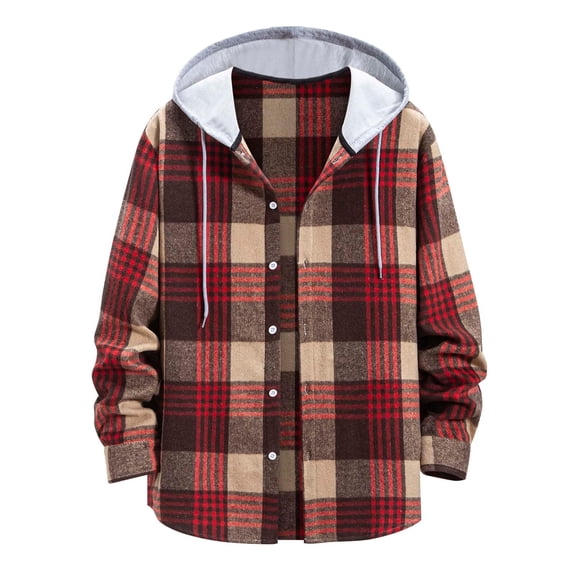 Plaid Shirts for Men Brushed Hooded Shirt Long Sleeve Button Turn Down Collar Casual Fall Layering Watermelon Red L