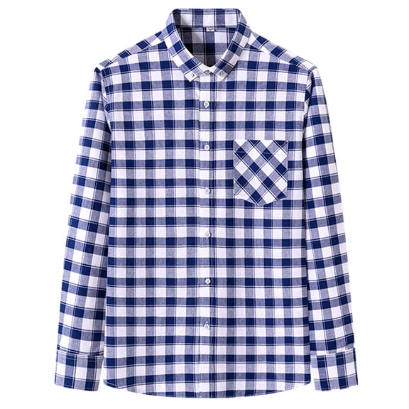 Plaid Shirts for Men Casual Long Sleeve Shirt Button Turn Down Collar Streetwear Style Loose Fit Spring Fall Blue S