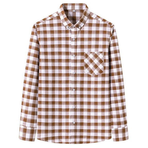 Plaid Shirts for Men Casual Long Sleeve Shirt Button Turn Down Collar Streetwear Style Loose Fit Spring Fall Khaki M