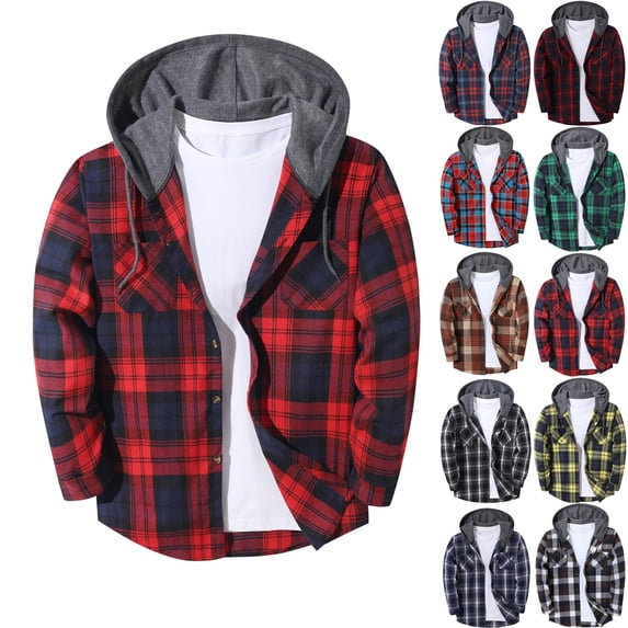 Plaid Shirts for Men Dqueduo Men's Flannel Plaid Long Sleeve Hooded Button Front Chest Pocket Casual Shirt Jacket Red XL