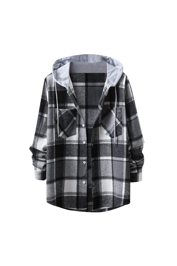 Plaid Shirts for Men Hooded Wool Blend Shirt Jacket Long Sleeve Button Turn Down Collar Fall Winter Black L