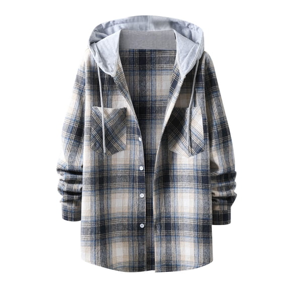 Plaid Shirts for Men Hooded Wool Blend Shirt Jacket Long Sleeve Button Turn Down Collar Fall Winter White L
