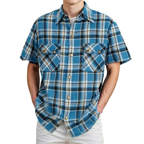 Plaid Shirts for Men Lightweight Long Sleeve Shirt Button Turn Down Collar Loose Fit Casual Street Style Blue XXL