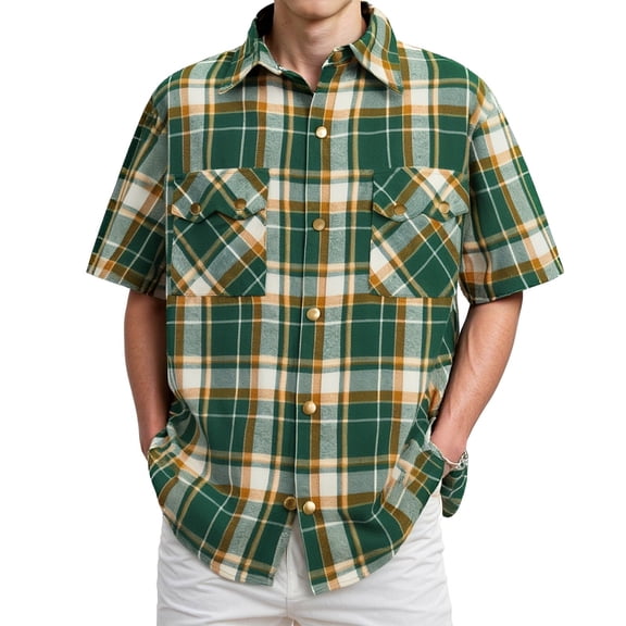Plaid Shirts for Men Lightweight Long Sleeve Shirt Button Turn Down Collar Loose Fit Casual Street Style Green L
