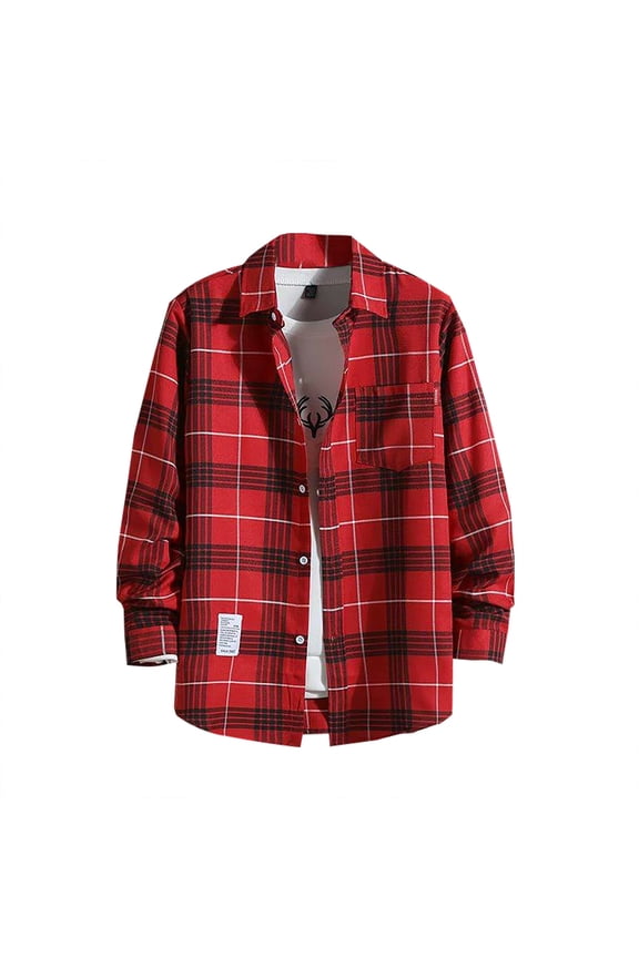 Plaid Shirts for Men Long Sleeve Button Down Flannel Shirt Spring Fall Casual Tops Watermelon Red XL