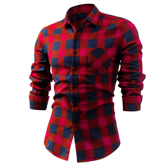 Plaid Shirts for Men Long Sleeve Button Down T-Shirts with Pocket and Collared Cotton Casual Slim-Fit Going Out Office Work Tshirts Tops