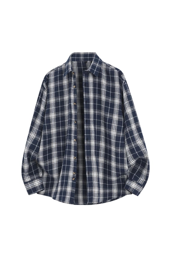 Plaid Shirts for Men Long Sleeve Classic Flannel Shacket Jacket Button Up Cardigan Blouses with Lapel Collar (L, Navy)