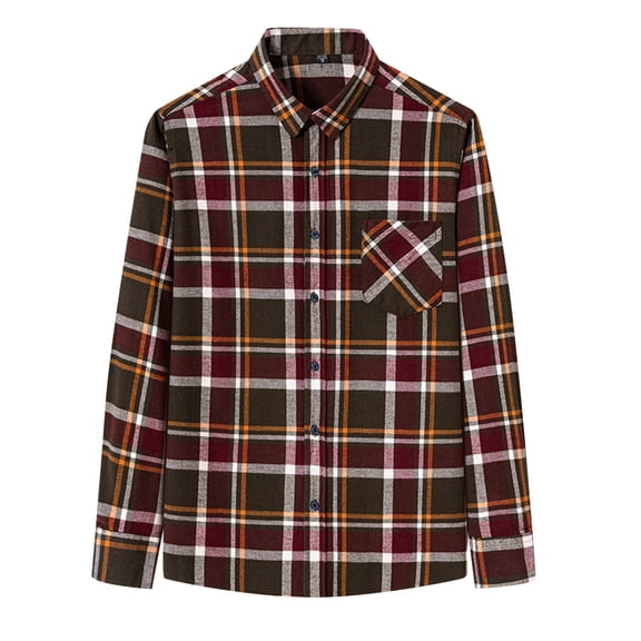 Plaid Shirts for Men Long Sleeve Shirt Vintage Casual Loose Fit Button Turn Down Collar Shirt Brown M-42