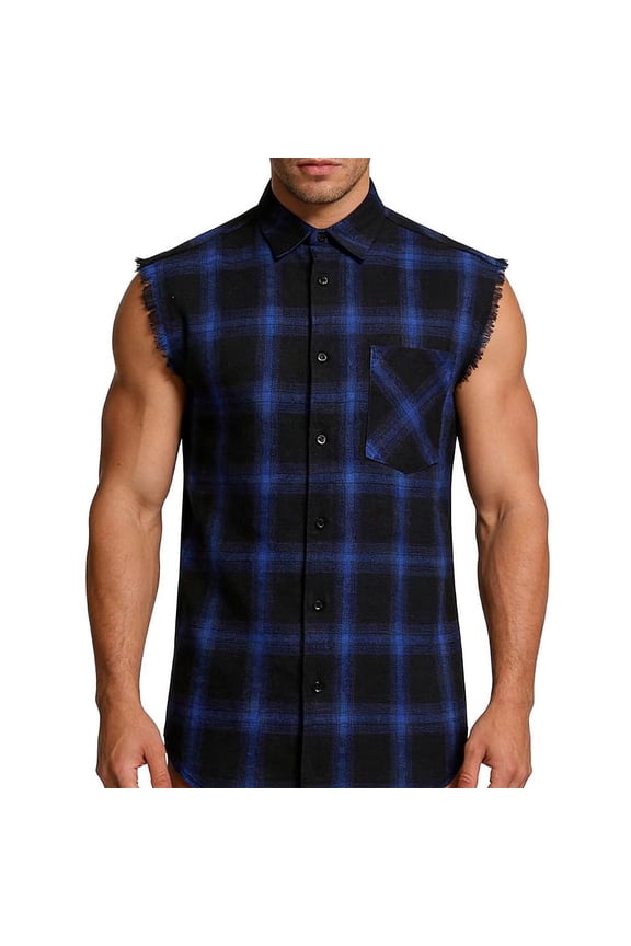 Plaid Shirts for Men Ripped Sleeveless Flannel Button Down Summer Hoodie Casual Tank Top with Pocket (3XL, Blue)