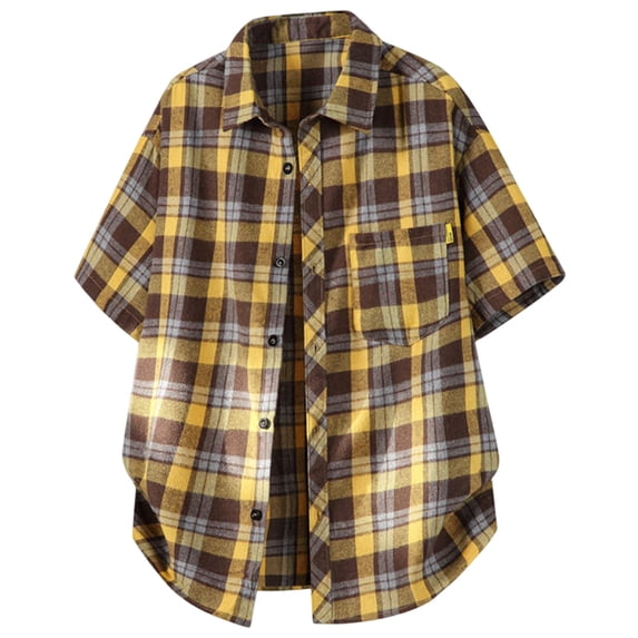 Plaid Shirts for Men Short Sleeve, Button Down Shirt Casual Tops, Yellow