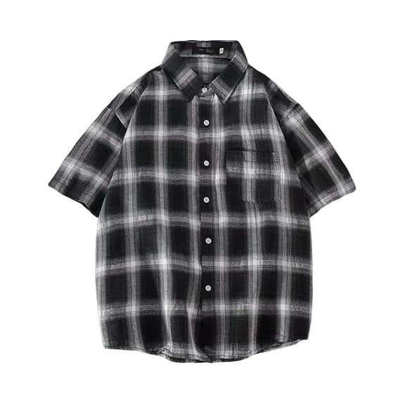 Plaid Shirts for Men Short Sleeve, Casual Tops Button Down Shirt, Black
