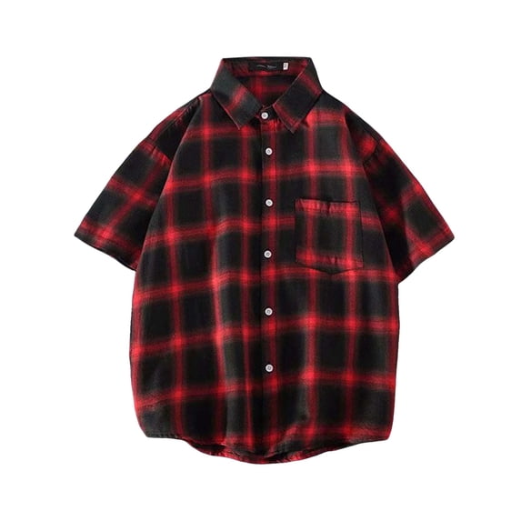 Plaid Shirts for Men Short Sleeve, Casual Tops Button Down Shirt, Red