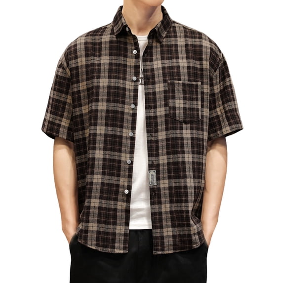 Plaid Shirts for Men Short Sleeve Shirt Casual Loose Fit Open Front Button Shirt for Summer Spring Brown L