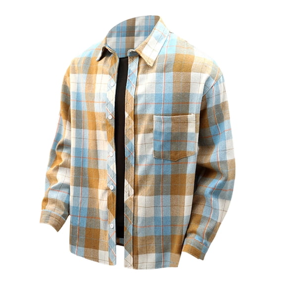 Plaid Shirts for Men Staple Long Sleeve Shirt Button Turn Down Collar Casual Lightweight Shirt Khaki XXXXXL