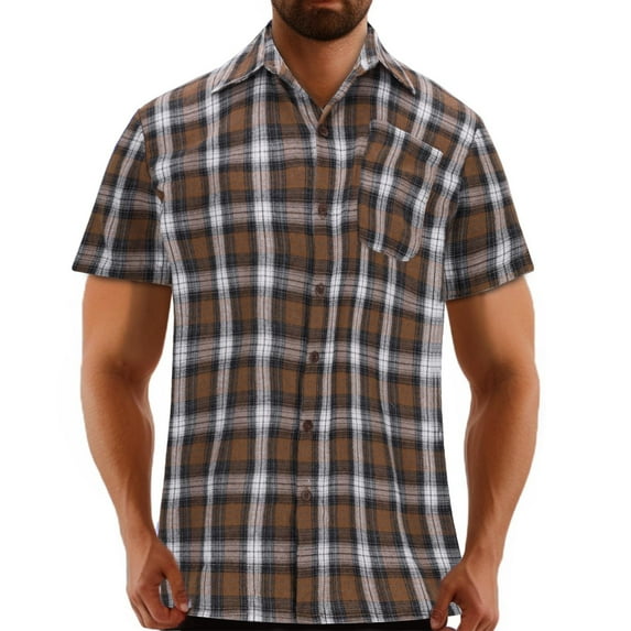 Plaid Shirts for Men with Pocket and Collared Short Sleeve Button-Down Tshirts Shirt Lightweight Casual Comfort Work Lapel Tops