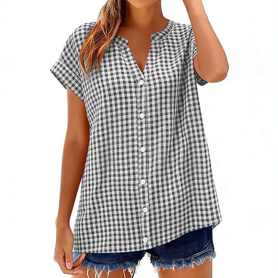 Plaid Shirts for Women Button Down Shirt Lapel Neck Casual Loose Womens Summer Tops