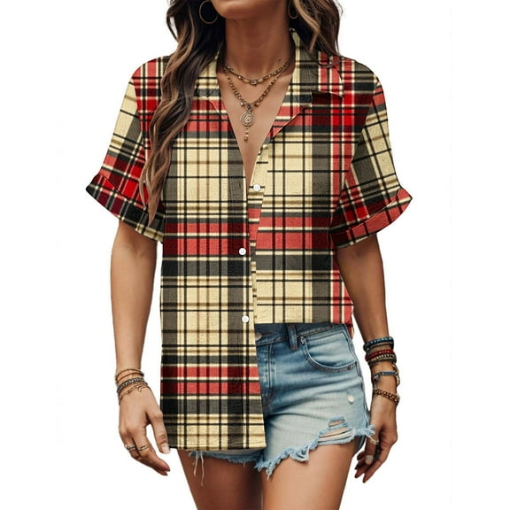 Plaid Shirts for Women Button Down Shirt Lapel Neck Casual Loose Womens Summer Tops