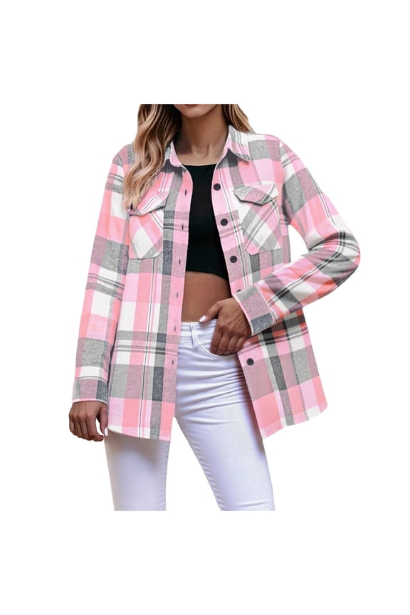 Plaid Shirts for Women Dressy Lightweight Fall Shirts Fashion Casual Long Sleeve Shacket with Pockets Pink 2XL