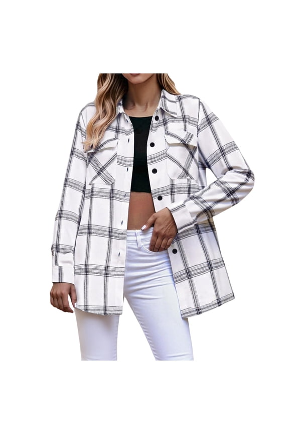 Plaid Shirts for Women Lightweight Fashion Fall Shacket Casual Dressy Long Sleeve Shirts with Pockets White M