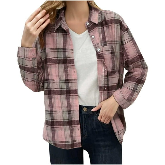 Plaid Shirts for Women Lightweigt Jackets Lapel Collar Long Sleeve Casual Button Down Shackets with Chest Pocket (M, Pink)