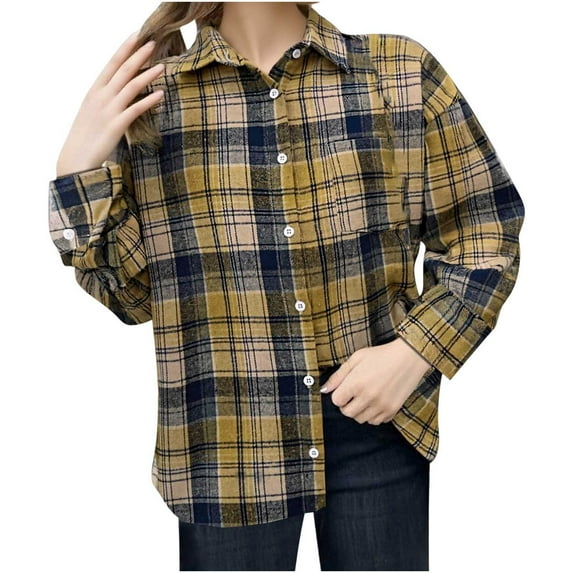 Plaid Shirts for Women Lightweigt Jackets Lapel Collar Long Sleeve Casual Button Down Shackets with Chest Pocket (XL, Yellow)