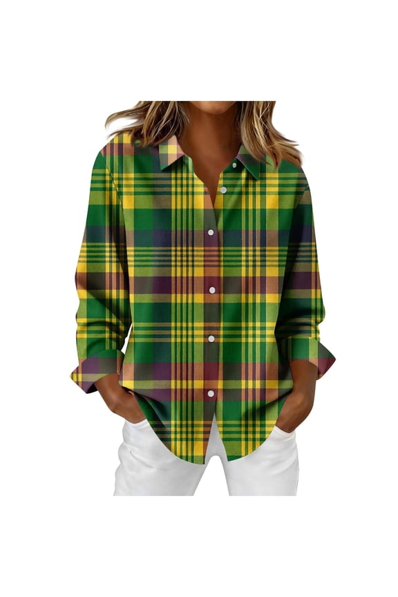 Plaid Shirts for Women Long Sleeve Button Down Lapel Tops Colorful Plaid Spring Fall Casual Loose Fit Women's Shirts