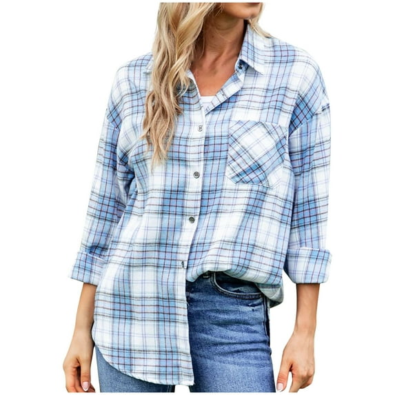 Plaid Shirts for Women Long Sleeve Button Down Lightweight Casual Fall Tops Collared Blouse Loose Fit, Blue 2XL