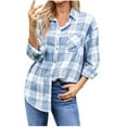 thumbnail image 1 of Plaid Shirts for Women Long Sleeve Button Down Lightweight Casual Fall Tops Collared Blouse Loose Fit, Blue L, 1 of 5