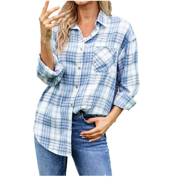Plaid Shirts for Women Long Sleeve Button Down Lightweight Casual Fall Tops Collared Blouse Loose Fit, Blue S