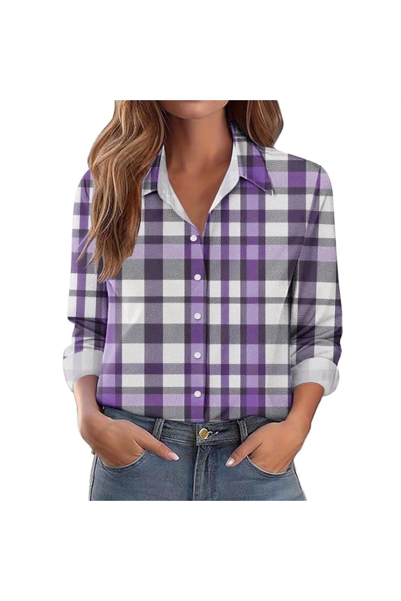 Plaid Shirts for Women Long Sleeve Spread Collar Flowy Button Down Tops Casual Color Block Classic Comfy Fall Blouses