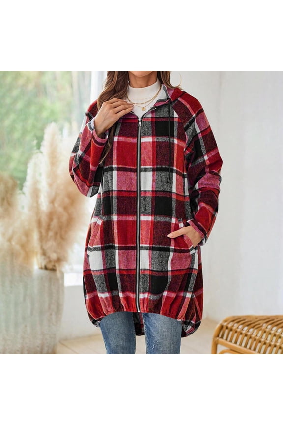 Plaid Shirts for Women Oversized Zip up Long Shacket Jacket Fall Flannel Hooded Trench Coats with Pockets New Open Front Outerwear for Women Red XXL