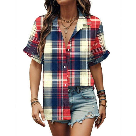 Plaid Shirts for Women Short Sleeve Button Down Shirt Casual Classic with Pocket Smocked Shirts Womens Summer Tops