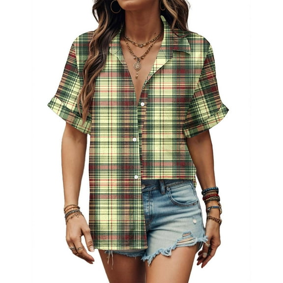 Plaid Shirts for Women Short Sleeve Button Down Shirt Casual Classic with Pocket Smocked Shirts Womens Summer Tops