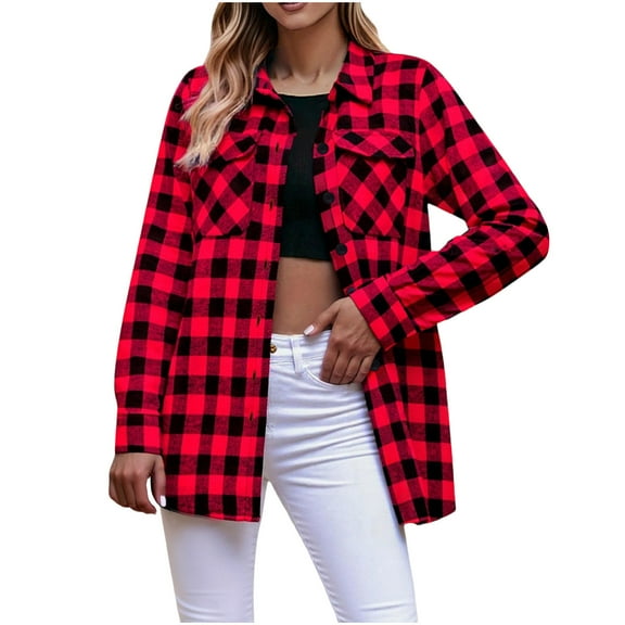 Plaid Shirts for Women Trendy Classic Button Up Flannel Shackets Lapel Collar Long Sleeve Loose Casual Blouses (2XL, Red)