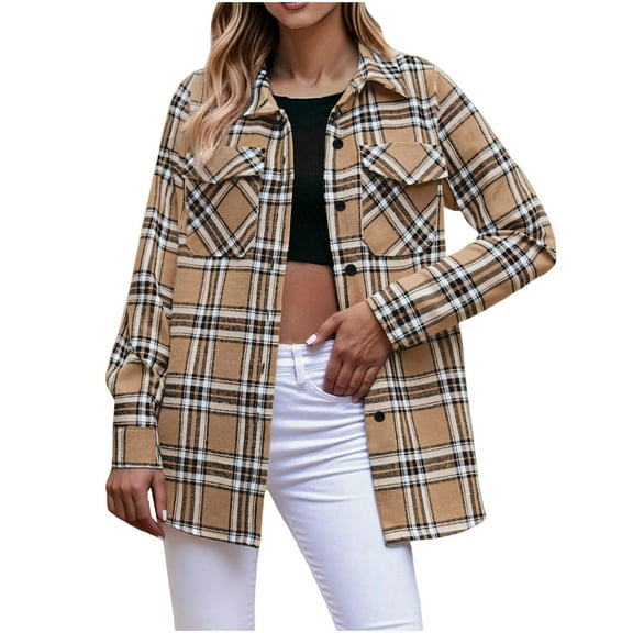 Plaid Shirts for Women Trendy Classic Button Up Flannel Shackets Lapel Collar Long Sleeve Loose Casual Blouses (L, Khaki)
