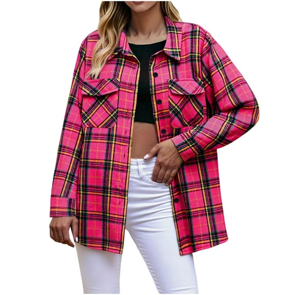 Plaid Shirts for Women Trendy Classic Button Up Flannel Shackets Lapel Collar Long Sleeve Loose Casual Blouses (S, Hot Pink)