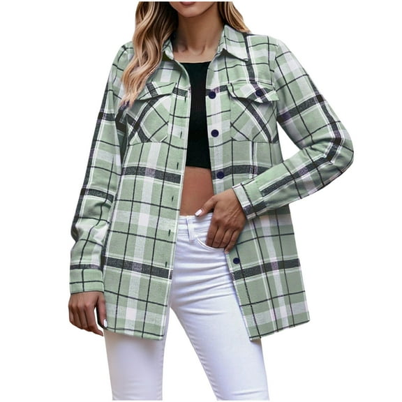 Plaid Shirts for Women Trendy Classic Button Up Flannel Shackets Lapel Collar Long Sleeve Loose Casual Blouses (S, Mint Green)