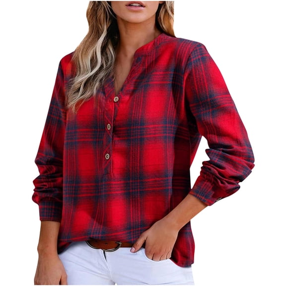 Plaid Shirts for Women V Neck Casual Checkered Printed Blouses Long Sleeve Button up Tops Loose Fit Pullovers (2XL, Red)
