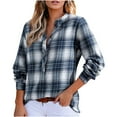 thumbnail image 1 of Plaid Shirts for Women V Neck Casual Checkered Printed Blouses Long Sleeve Button up Tops Loose Fit Pullovers (M, Blue), 1 of 5