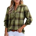 thumbnail image 1 of Plaid Shirts for Women V Neck Casual Checkered Printed Blouses Long Sleeve Button up Tops Loose Fit Pullovers (M, Green), 1 of 5